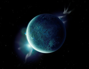 grüner planet im weltall mit aura und sternen