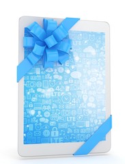 White tablet with blue bow and blue screen. 3D rendering.