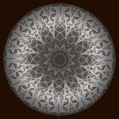 Drawing of a silver mandala in geometric style on a dark brown background with play of colours