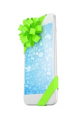 White phone with green bow and blue screen. 3D rendering.