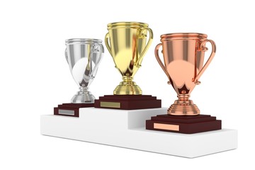 Three cups on white pedestal. 3D rendering.