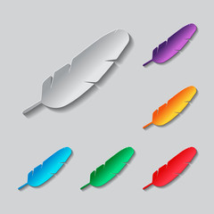 Simple icon of feather. Paper style colored set