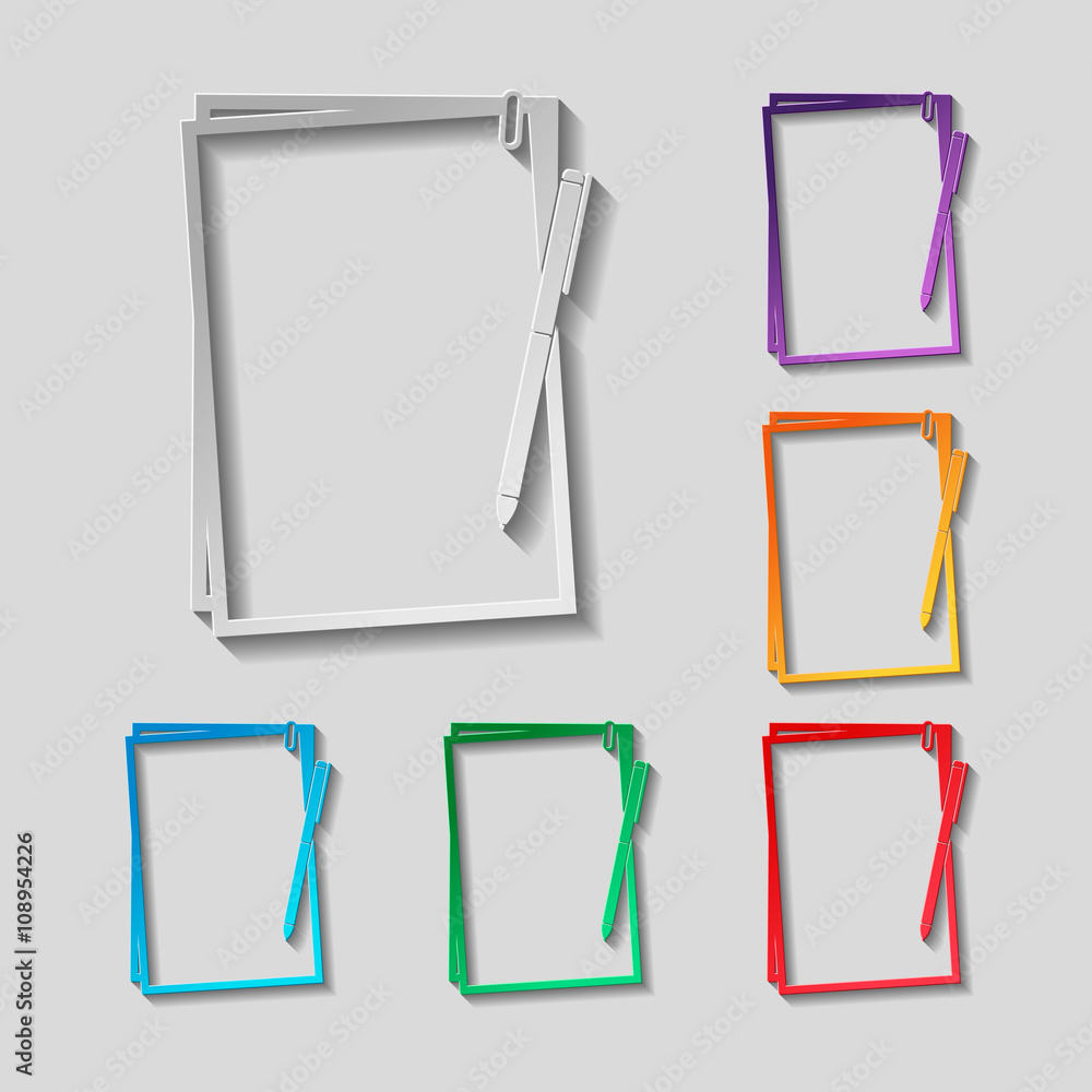 Poster pen and notes paper with clip set. paper design with colored objects