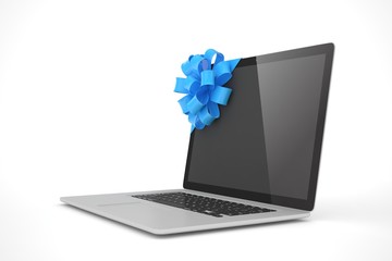 Laptop with blue bow and black screen. 3D rendering.