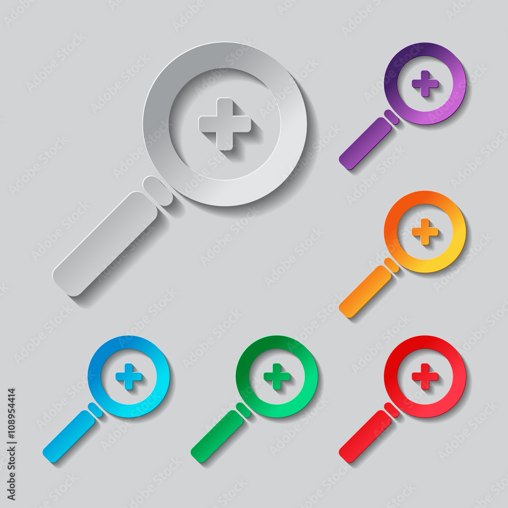 Poster zoom in icon set. paper design with colored objects