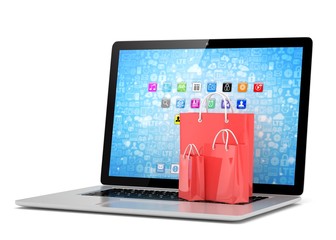 laptop and  shopping pags on white background. 3d rendering.