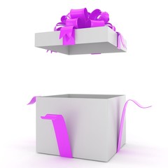 open gift box with bows isolated on white. 3d rendering.