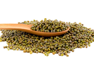 Green mung beans in spoon on white background