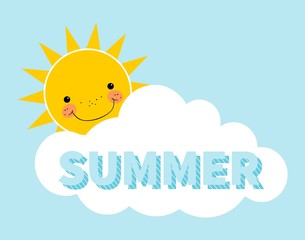 Cartoon summer background. Sun. Cloud. Design concept with happy smiley sun