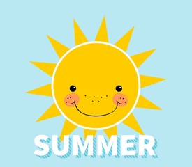 Summer concept. Smiling sun. Summer lettering. Isolated. Blue background