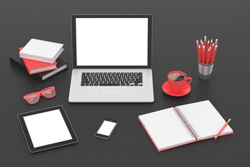 Responsive mockup screens. Laptop, tablet, phone on table. 3d rendering.