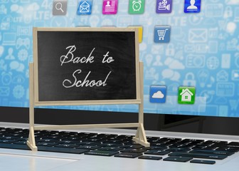 Laptop with chalkboard and apps, back to school, online education concept. 3d rendering.