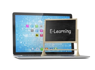  Laptop with chalkboard, e-learning, online education concept on white. 3d rendering.