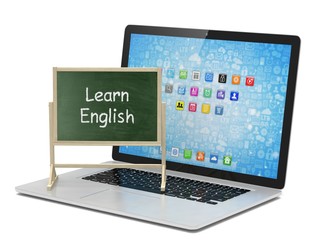  Laptop with chalkboard, learn english, online education concept on white. 3d rendering.