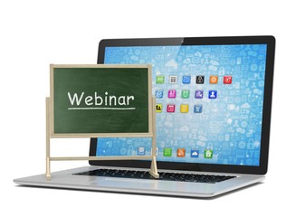 Laptop with chalkboard, webinar, online education concept on white. 3d rendering.