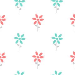 colorful cute abstract daisy flowers blue and red seamless vector pattern background illustration