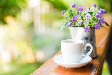 espresso coffee cup on wooden table ,soft focus