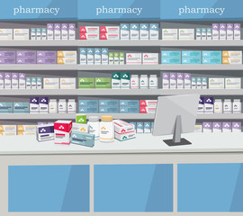 Modern interior pharmacy and drugstore. Sale of vitamins and medications. Cartoon vector simple illustration.