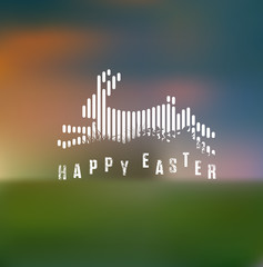 Fototapeta premium Happy Easter. Running / Jumping Bunny / Rabbit in White Lines Style on Blurred Background