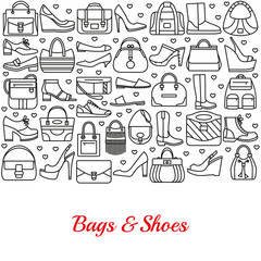 Background made of line icons. Bags and shoes. Vector illustration