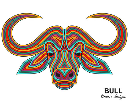Creative stylized bull head in ethnic linear style. Animal background. Vector illustration