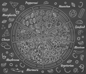 Pizza pieces and its ingredients. Chalk board background. Vector illustration