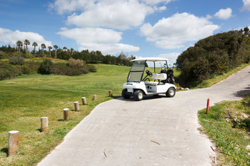 Golf sport, golf course with a cart and beautiful landscape
