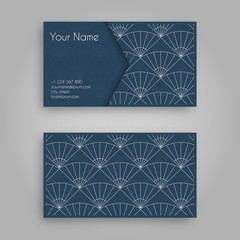Business card template with sashiko design. Vintage decorative elements.Traditional Japanese Embroidery Ornament with fans