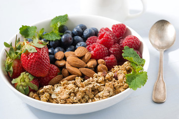 healthy nutritious breakfast with cereal and berries, closeup