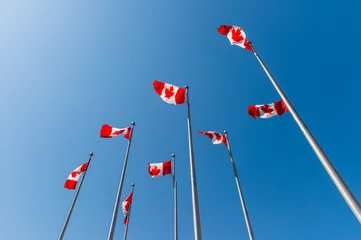 Zelfklevend Fotobehang Canadian flags waving over blue sky © mbruxelle