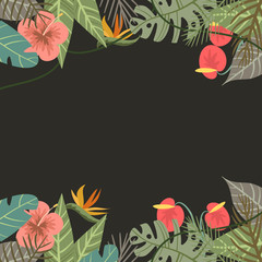 Vector tropical border frame with flower, palm leaves and monkey on dark background - obrazy, fototapety, plakaty