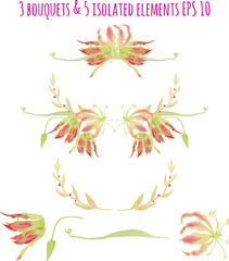  Collection Vector Decorative Design of Flowers and Branches. Flowers of Lily and leaves in vintage style with branches of meadow grass. Isolated objects