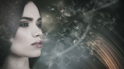 Evolution, female portrait against abstract science backgrounds