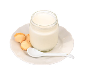 Obraz na płótnie Canvas Homemade yogurt in a jar, cookies and a spoon on the saucer.