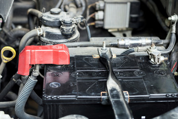 Closeup of cars battery,An automotive battery is a rechargeable battery that supplies electrical...
