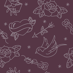 Old school tattoo vector seamless pattern with roses, hearts, birds, keys and arrows. Valentines day or wedding design.