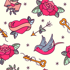 Old school tattoo vector seamless pattern with roses, hearts, birds, keys and arrows. Valentines day or wedding design.