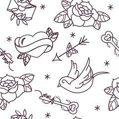 Old school tattoo vector seamless pattern with roses, hearts, birds, keys and arrows. Valentines day or wedding design.