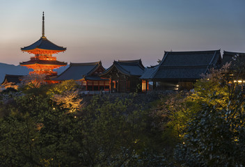 tall pagoda tower in Kiyomizu Temple in Kyoto Japan.