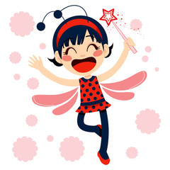 Cute little magical red ladybug fairy with magic wand