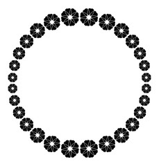 Round flower frame. Decorative flowers arranged on a shape of the wreath, for wedding invitations and birthday cards. Black and white vector clip art.