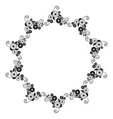 Round flower frame. Decorative flowers arranged on a shape of the wreath, for wedding invitations and birthday cards. Black and white vector clip art.