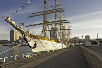 Ship, a sailing ship is moored, pier in sea port of Novorossiysk