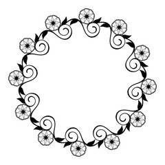 Round flower frame. Decorative flowers arranged on a shape of the wreath, for wedding invitations and birthday cards. Black and white vector clip art.