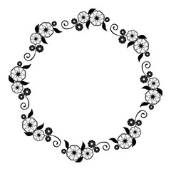 Round flower frame. Decorative flowers arranged on a shape of the wreath, for wedding invitations and birthday cards. Black and white vector clip art.