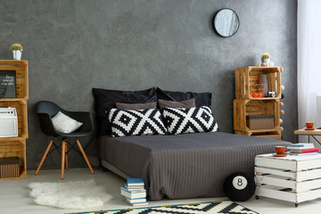 New bedroom with creative, DIY furniture