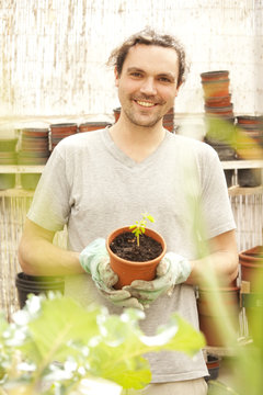 Smiling man holding flowerpot with Moringa seedling
