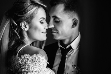 Romantic happy couple, bride & groom kissing near window closeup b&w