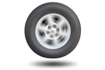 Car wheel spinning isolated on white background.