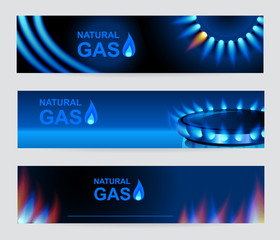 Set of three banners natural gas. Blue gas flame. Vector EPS 10.
